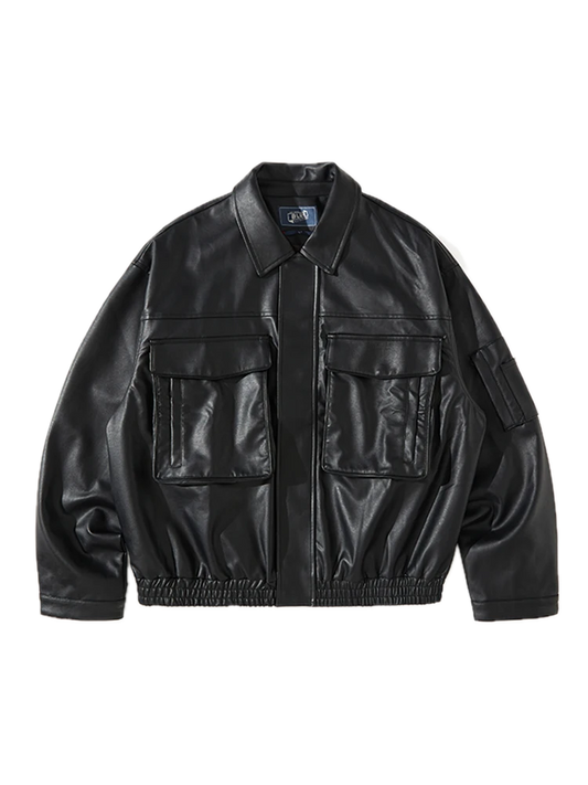 BLACK LEATHER BOMBER JACKET